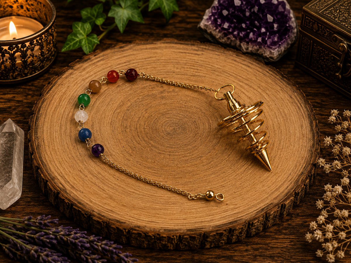 Péndulo Espiral dorado con cadena chakras